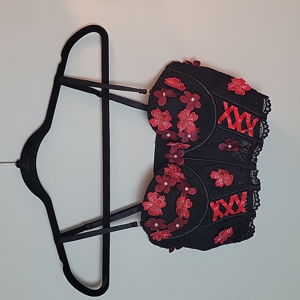 Whimsical Black and red 3D floral bustier top